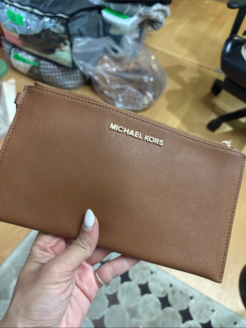 Michael Kors Brown Saffiano Leather Zip Wallet Clutch